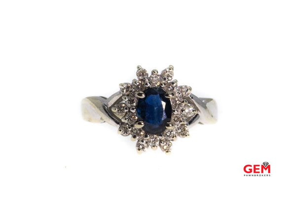 Natural Sapphire & Round Diamond Cluster Cocktail 14K 585 White Gold Ring Size 4 1/2