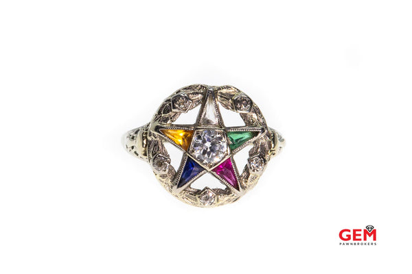 Antique Eastern Star Mason Masonic Order Diamond Gemstone Filigree Ring Size 7.5