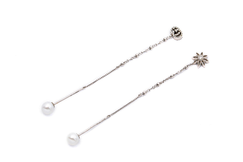 Gucci Flora Diamond & Cultured Pearl Threader Earrings 18k 750 White Gold