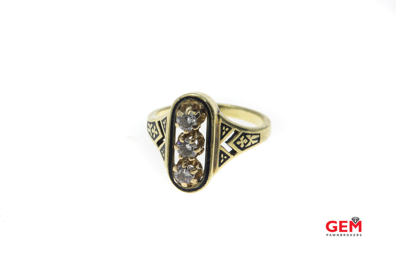 Three Diamond Victorian Pierced 14K 585 Yellow Gold Ring Size 6 1/2