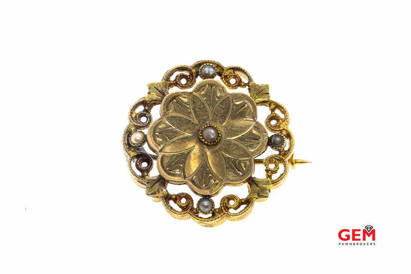 18KT Solid Yellow Gold Seed Pearl Brooch Lapel Pin Charm Pendant