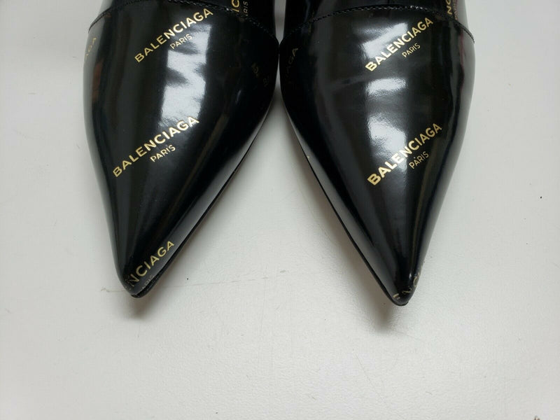 Balenciaga Black Patent Logo Print Curved Heel Bootie | Size 5.5 US, 36 EUR