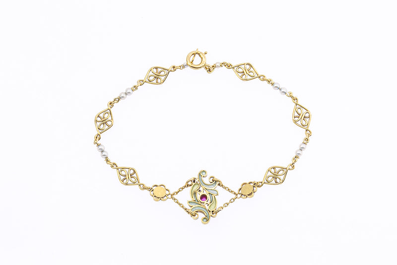 Antique French Pearl & Tourmaline Plque a Jour 18K 750 Yellow Gold Floral Bracelet