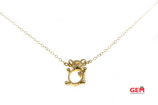 Thin Dainty 1.3mm Chain Link Diamond Panda Teddy Bear Charm Outline 14K 585 Yellow Gold 15.25" Necklace