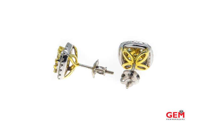Fancy Yellow Diamond Halo Cluster Earring Screw Stud Pierced Pair Earrings