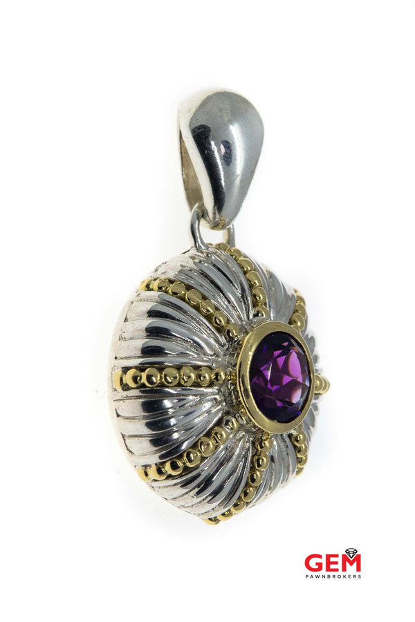 Amethyst Shield Medallion Carved & Beaded Accent Drop Charm 925 Sterling 18K 750 Yellow Gold Pendant