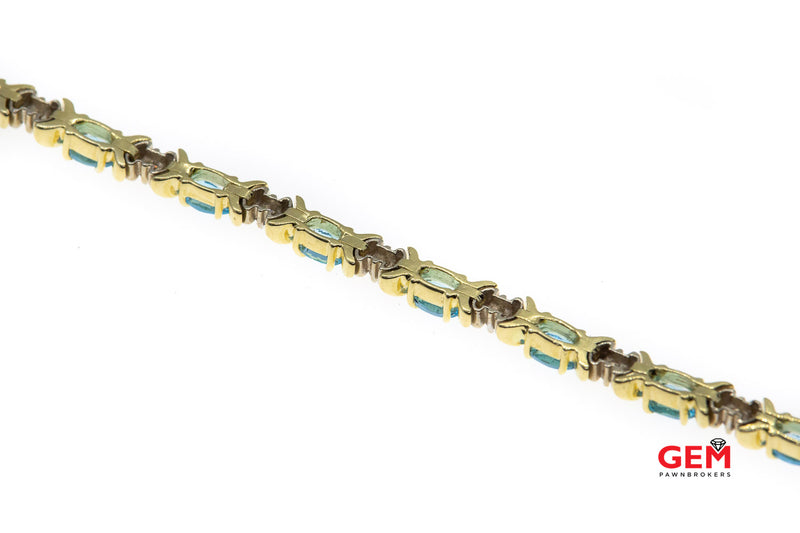 Diamond & Oval Aquamarine Gemstone 14K 585 Two Tone White & Yellow Tennis Bracelet
