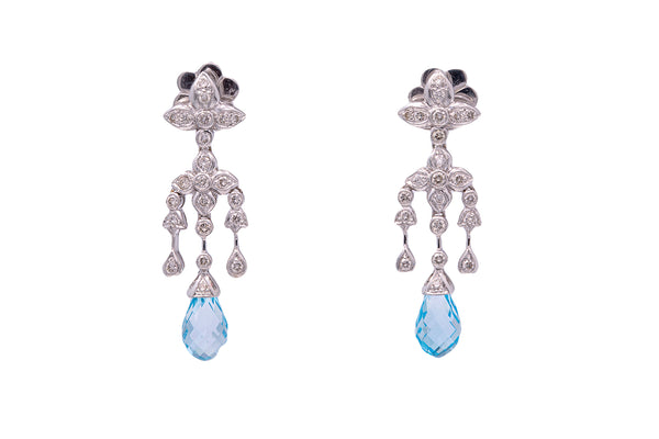 Aquamarine & Diamond Fleur De Lis Floral Motif Pattern 18k 750 White Gold Drop Earrings
