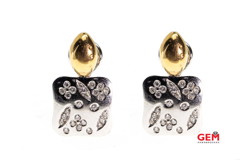 Solid 18K 750 Solid White Yellow Gold Diamond Floral Flower Drop Earrings