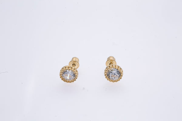 Milgrain Line Set Cubic Zirconia 5mm Studs 14K 585 Yellow Gold Pair of Earrings