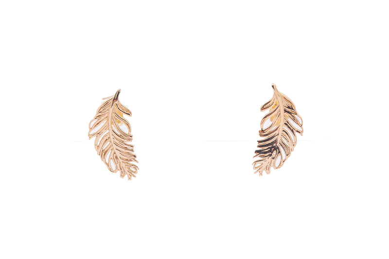 Solid Yellow Gold 14k 585 Feather Stud Earrings