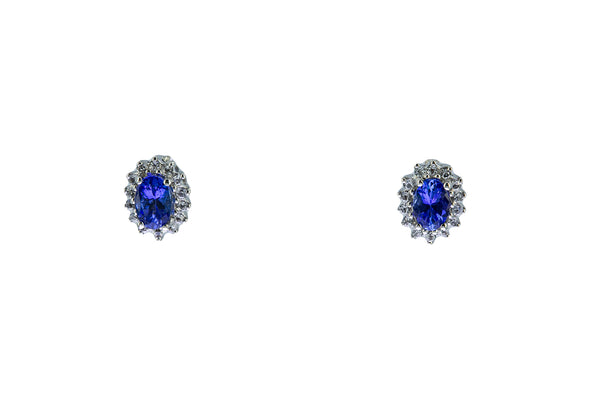 BJB Natural Iolite & Cubic Zirconia Halo Accent Studs 18K 750 White Gold Pair Earrings