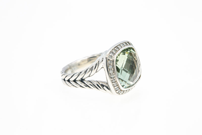 David Yurman 11mm Albion Sterling Silver 925 Prasiolite & Diamond Ring Size 6