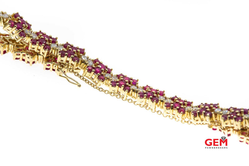 Diamond & Natural Ruby Gemstone 14k 585 Yellow Clover Flower Tennis Bracelet