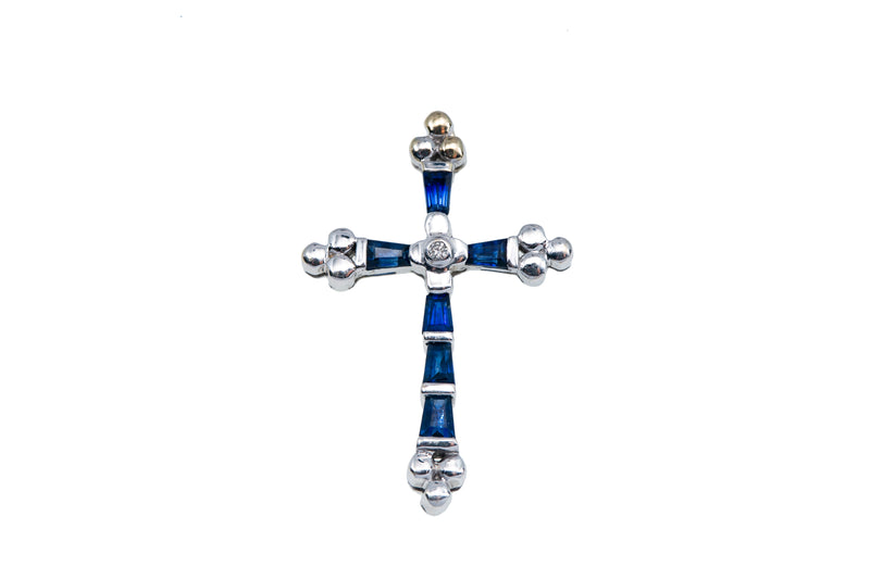 Diamond & Sapphire Religious Cross Charm 14K 585 White Gold Slide Pendant