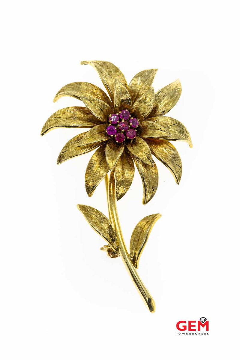 Retro Vintage Tiffany & Co Flower Ruby 18k 750 Yellow Gold Lapel Pin Brooch