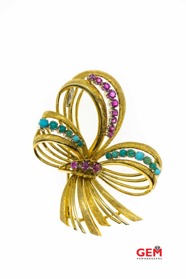 Vintage Florentine Finish Ribbon Bow Natural Turquoise & Pink Sapphire Accent Brooch 18K 750 Yellow Gold Lapel Pin