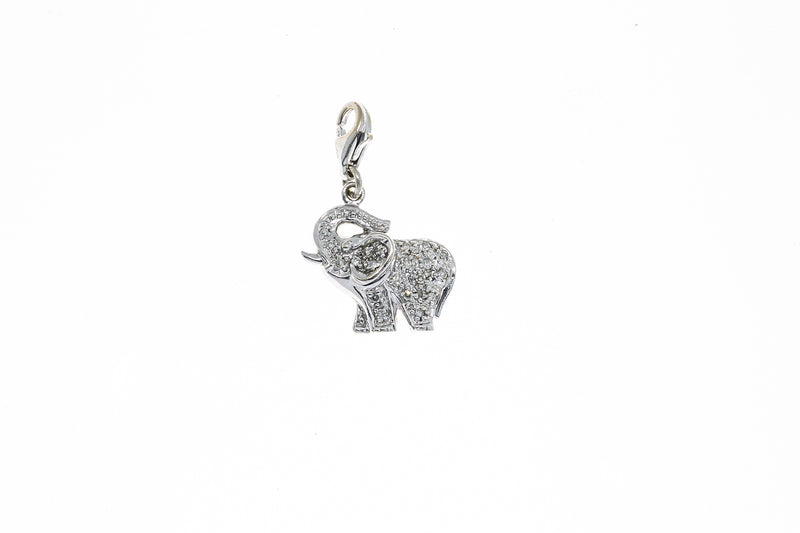 Diamond Pave Lucky Elephant Drop Charm 14K 585 White Gold Dangle Pendant