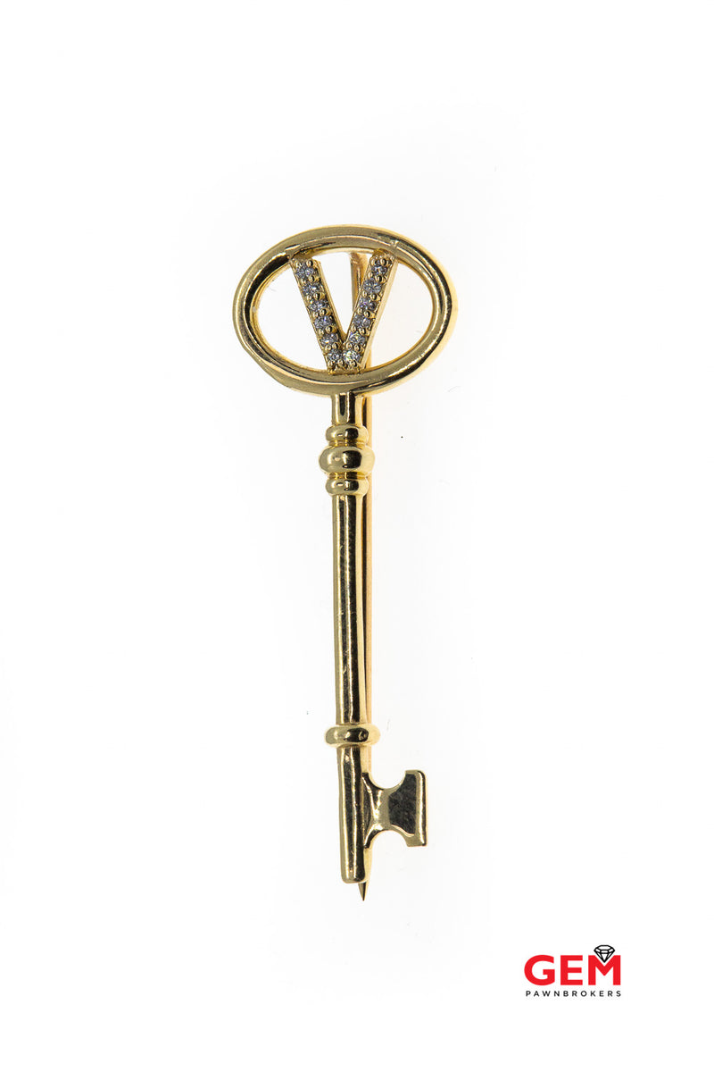 Key Iniitial Diamond V Solid Brooch Stick Pin 14k Yellow Gold 585 Lapel