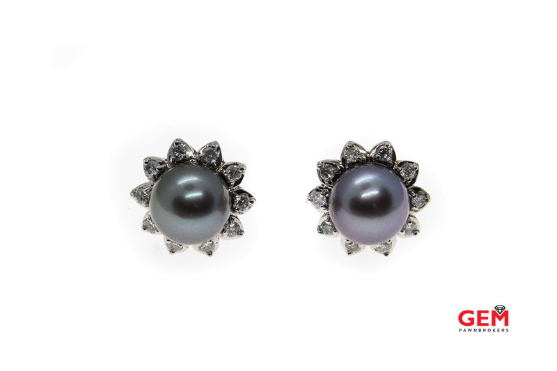 Tahitian Pearl & Diamond 9mm Halo Studs 14K 585 White Gold Earrings