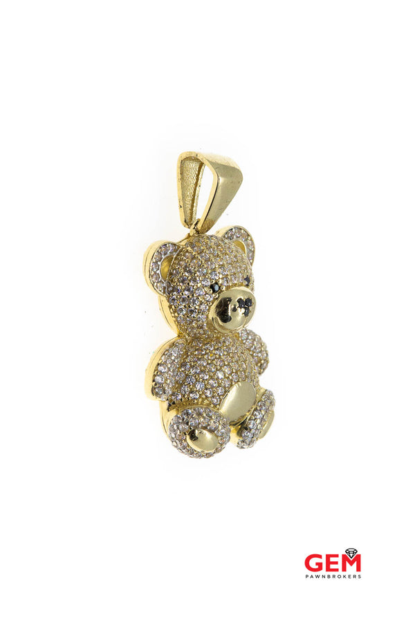 Teddy Bear Cubic Zirconia Pave Drop Charm 14K 585 Yellow Gold CZ Pendant