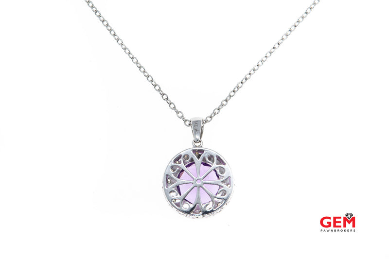 JLJ Natural Round Amethyst Gemstone Diamond Pave Halo Charm 1.5mm Chain Link 14K 585 White Gold 17" Necklace & Pendant