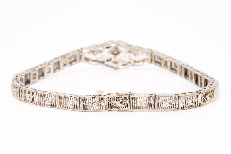 Edwardian White Gold 14k 585 Diamond Pierced Floral Motif Bracelet 7"