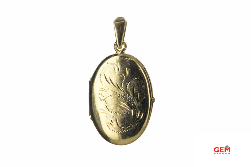 Antique Floral Etched Love Locket Oval Charm 14K 585 Yellow Gold Drop Pendant