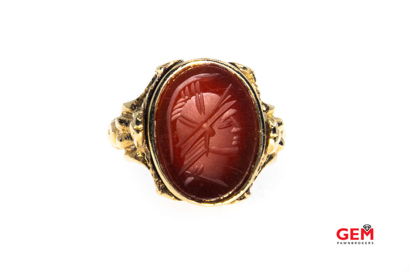 Vintage Carved Oval Carnelian Intaglio Band 12K 500 Yellow Gold Ring Size 6 3/4