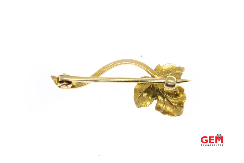 Art Nouveau Polychrome Leaf Green Enamel Nature Branch Brooch 14K 585 Yellow Gold Lapel Pin
