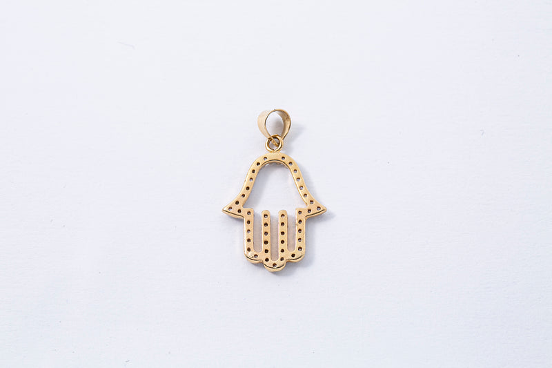 Cubic Zirconia Pave Line Silhouette Hamsa Hand Charm 14K 585 Yellow Gold Pendant