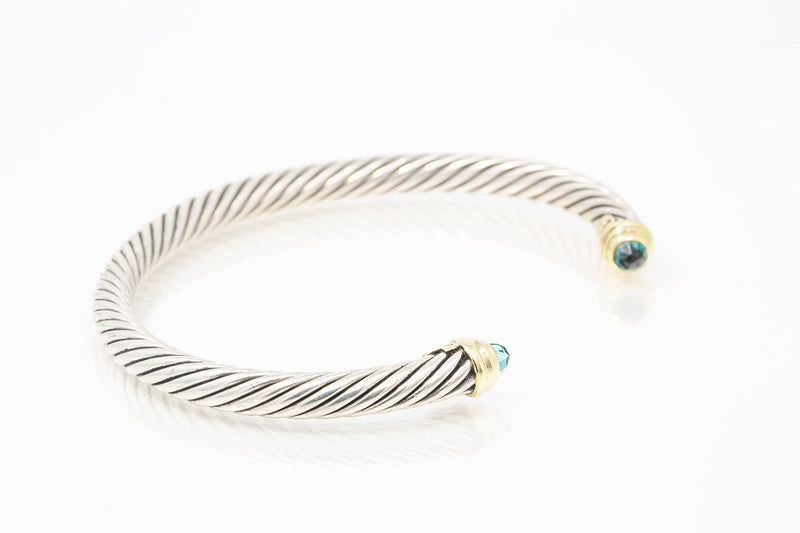 David Yurman 5mm Topaz Cable Bangle Bracelet 925 585 Sterling Silver Yellow Gold 7.5"