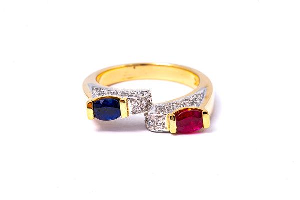 Ruby Sapphire & Diamond Cocktail Ring 18k 750 Yellow Gold Ring Size 7