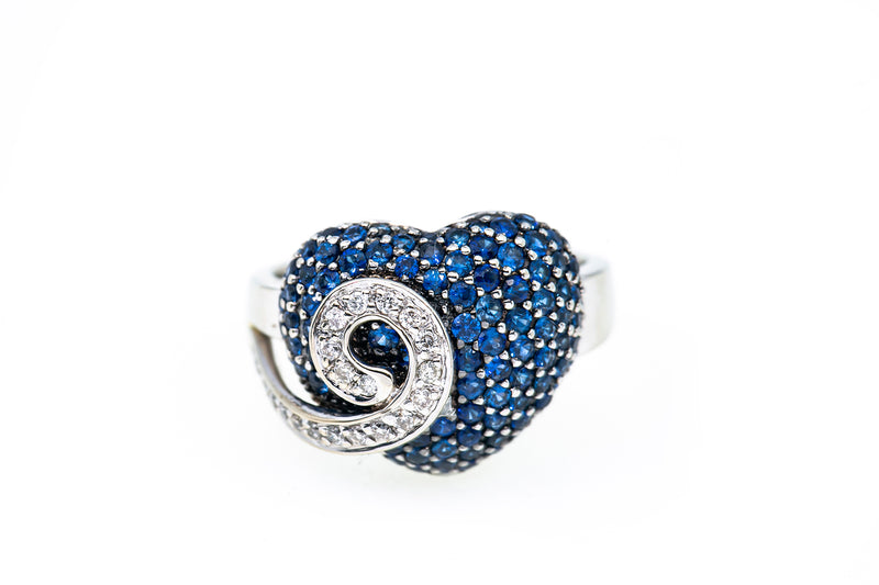Natural Pave Sapphire Heart & Diamond Swirl 18K 750 White Gold Ring Size 9