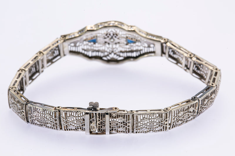 Estate Deco Filigree Sapphire & Diamond Floral 14K 585 White Gold Bracelet