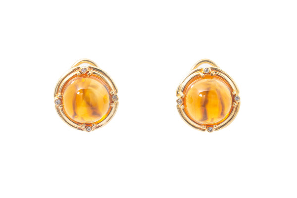 Vintage Cabochon Citrine & Diamond 18k 750 Yellow Gold Leverback Earrings