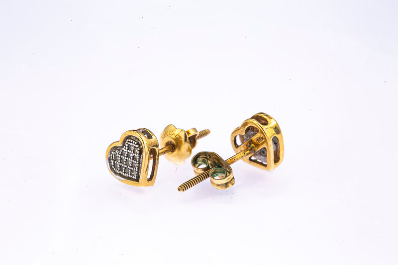Diamond Pave Heart Love Studs Solid 10K 417 Yellow & White Gold Pair Earrings