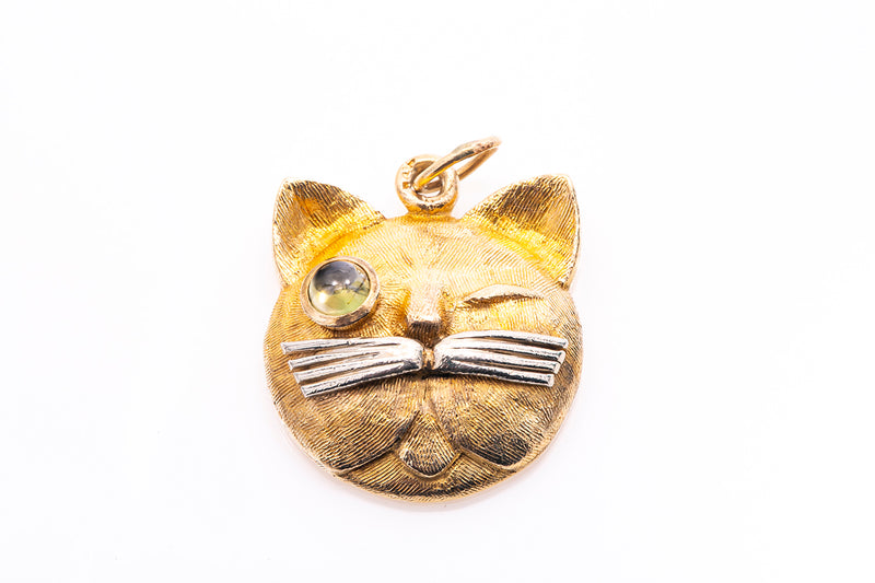 Vintage Crazy Eye Winking Cat Feline Solid Yellow Gold 14k 585 Charm Pendant