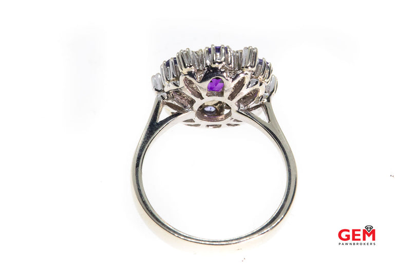 Amethyst & Diamond Cluster 14K 585 White Gold Cocktail Ring Size 6