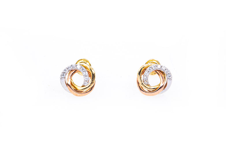 Interwoven Ring Cubic Zirconia Studs 14K White Rose & Yellow Gold Pair Earrings