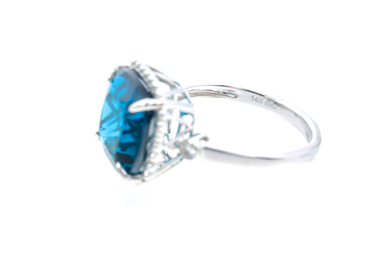 Topaz & Diamond Halo Cocktail Ring 14k 585 White Gold Size 7