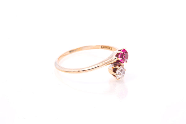 Antique Diamond & Pink Sapphire Bypass Moi Et Toi 14k 585 Yellow Gold Ring Size 5.5
