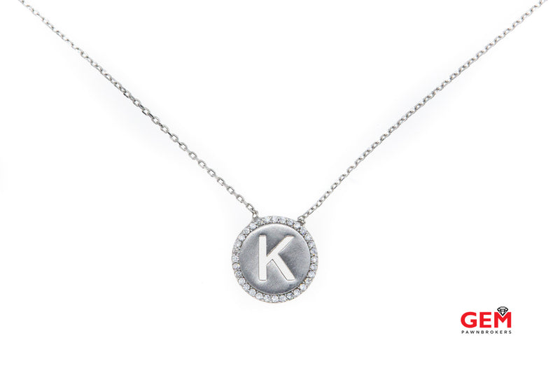 Initial Letter K Cubic Zirconia Halo Pendant 925 Sterling Silver 17.5" Necklace
