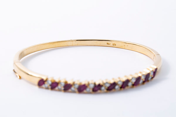 Natural Marquise Ruby & Diamond 18K 750 Yellow Gold Lock Bangle Bracelet