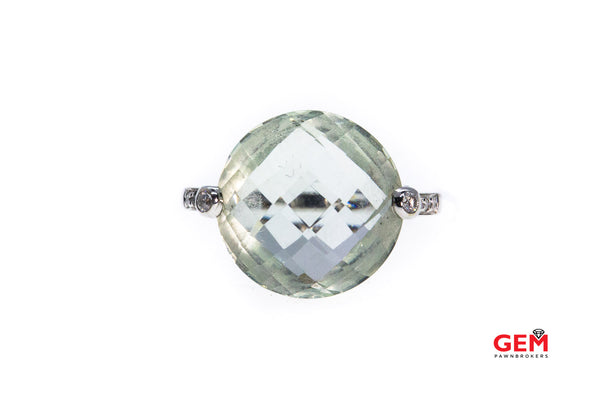 Large Faceted Solitaire Green Quartz & Diamond 18K 750 White Gold Ring Size 6 1/2