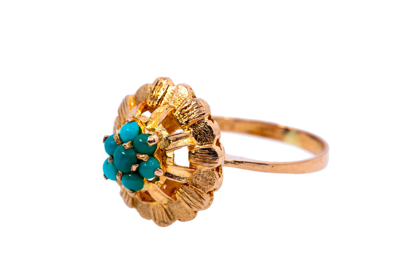 Antique English Turquoise Cocktail Cluster Band 18K 750 Yellow Gold Ring Size 5