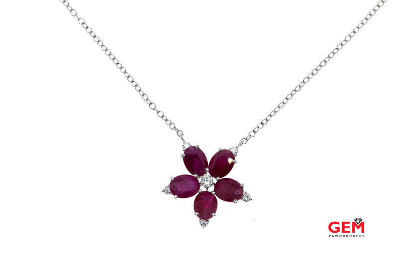 Oval Ruby Diamond Flower Petal Charm Pendant Necklace 18k 750 18" White Gold