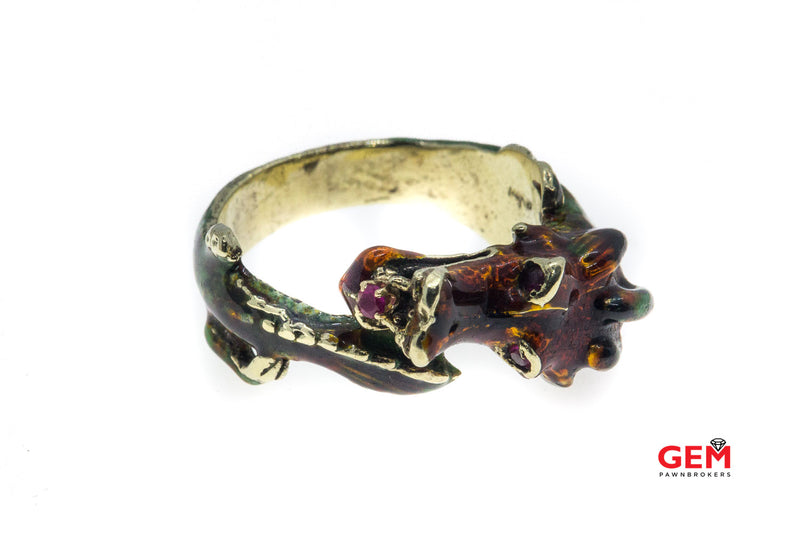 Vintage Handmade Enamel 14k 585 Oriental Asian Dragon Ruby Wrap Ring Size 11.5