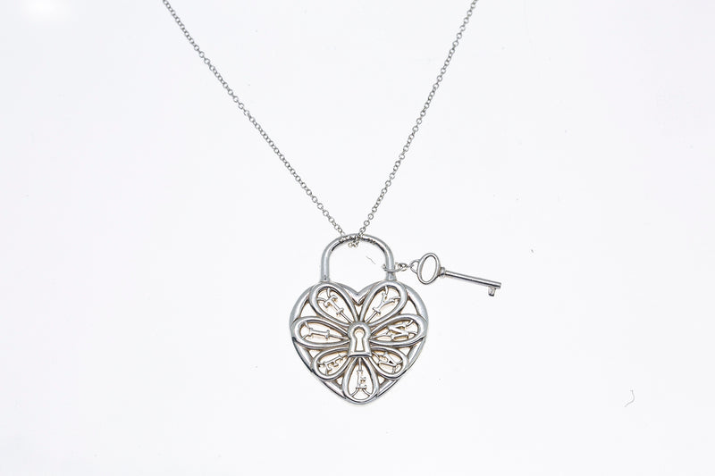 Tiffany & Co. Sterling 925 Silver Lock & Heart Key Charm Pendant 18" Necklace
