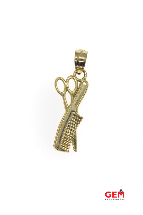 Barber HairStylist Comb Sissor Charm Pendant 14Kt Yellow Gold 585